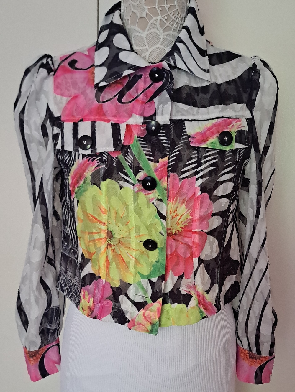 berek Floral Button-Front Blouse in Neon Pink & Lime